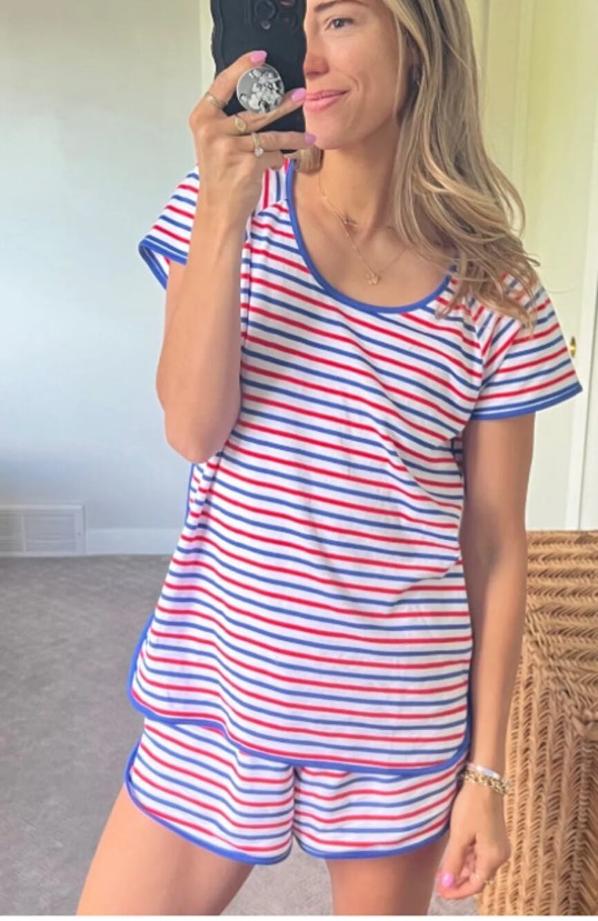 Lake 3 Piece Set Pajama Americana Shorts Tee Red White Blue Stripe Size M Medium